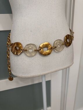 Vtg New York Studio Gold & Translucent Linked Disc Chain Belt Adjustable Retro